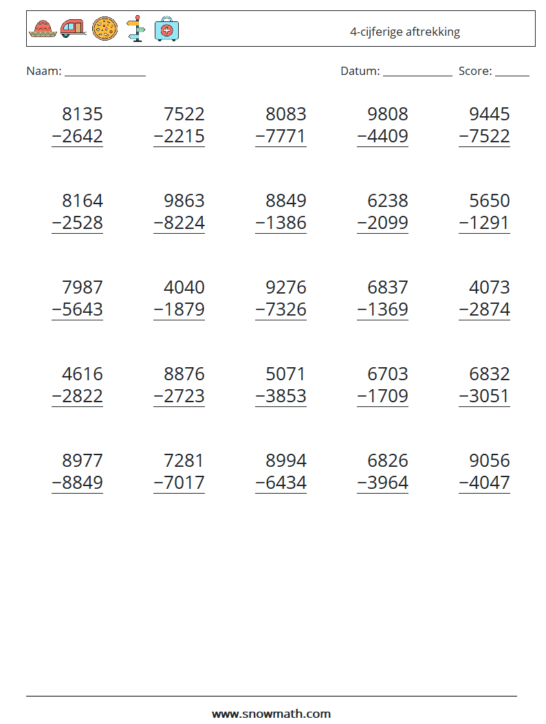 (25) 4-cijferige aftrekking Wiskundige werkbladen 1