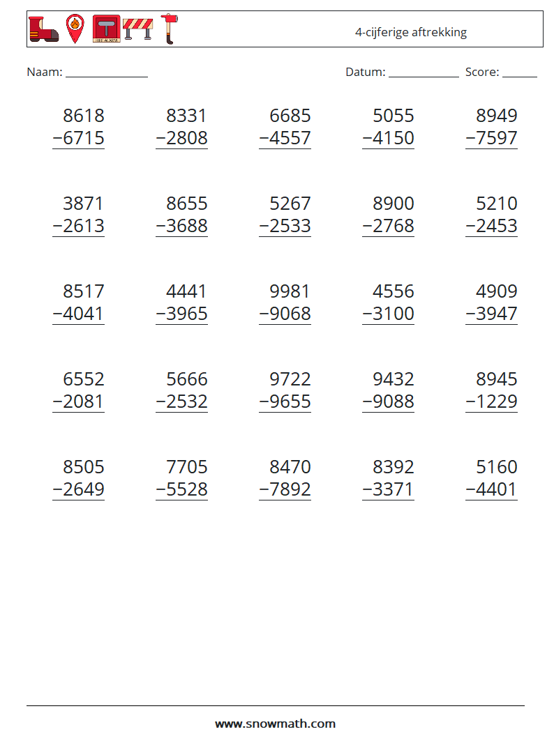 (25) 4-cijferige aftrekking Wiskundige werkbladen 11