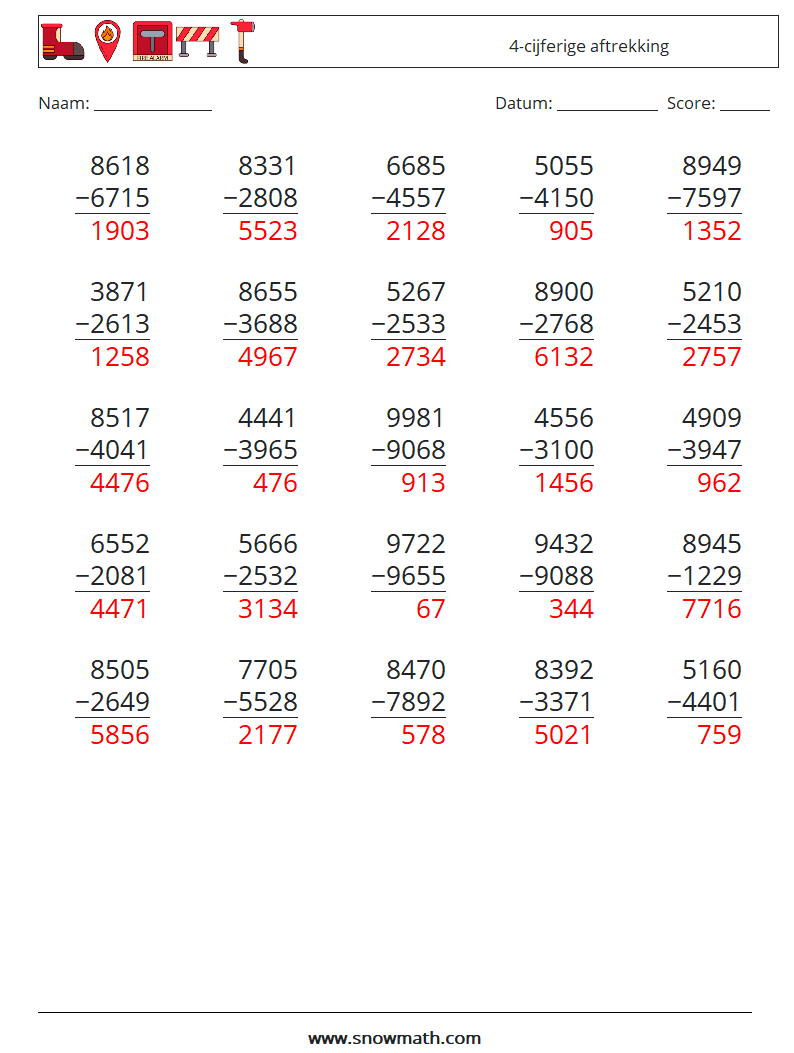 (25) 4-cijferige aftrekking Wiskundige werkbladen 11 Vraag, Antwoord