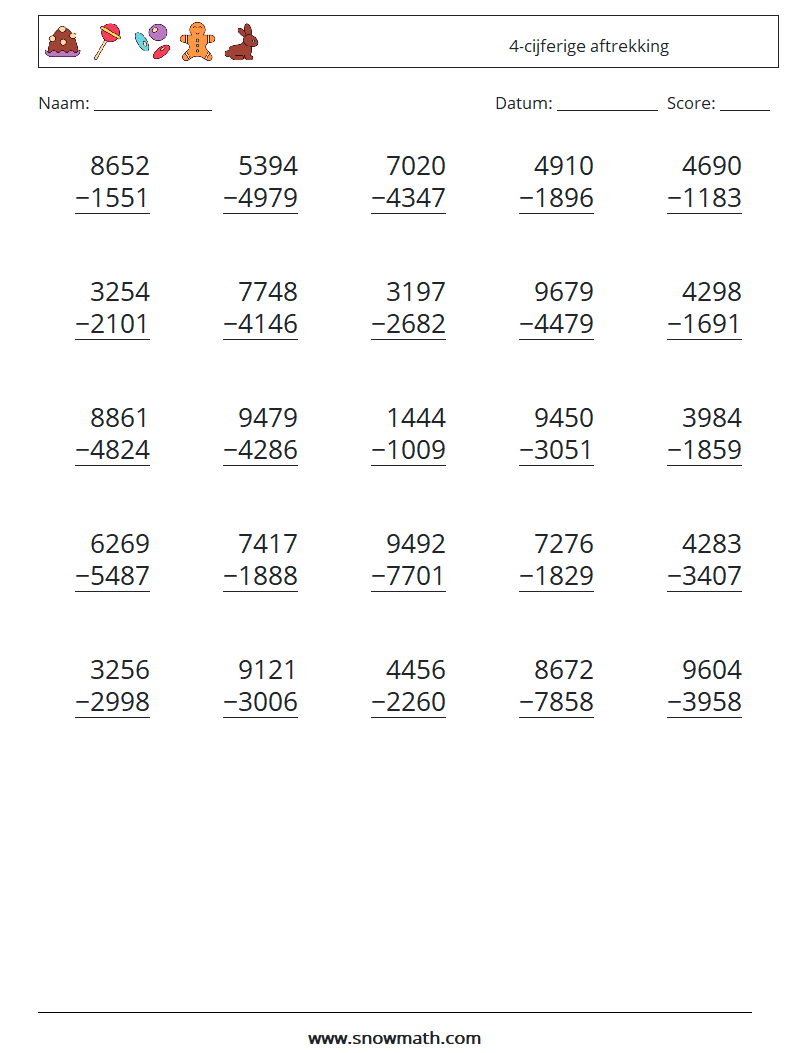 (25) 4-cijferige aftrekking Wiskundige werkbladen 12