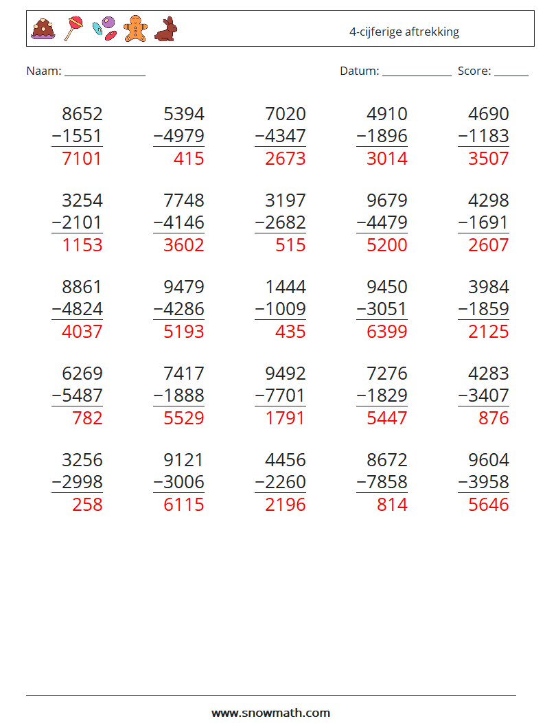 (25) 4-cijferige aftrekking Wiskundige werkbladen 12 Vraag, Antwoord