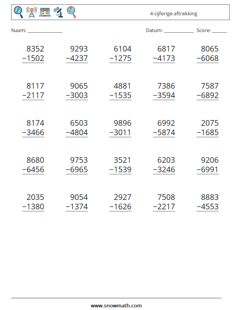 (25) 4-cijferige aftrekking Wiskundige werkbladen 13