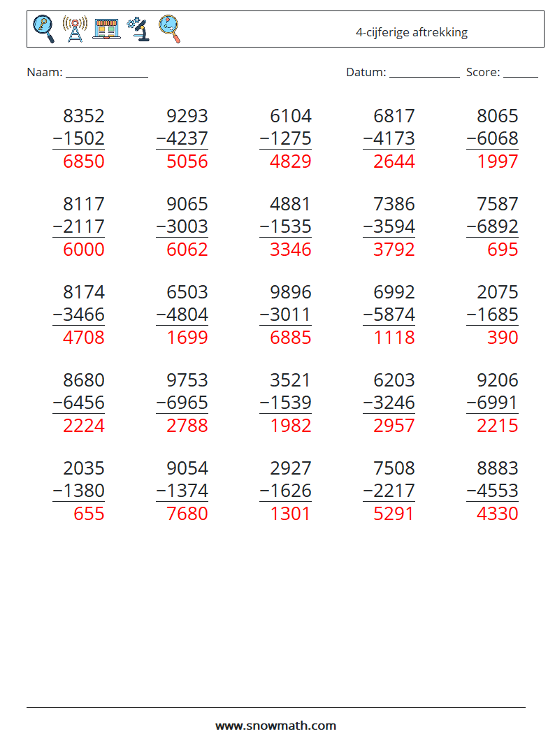 (25) 4-cijferige aftrekking Wiskundige werkbladen 13 Vraag, Antwoord