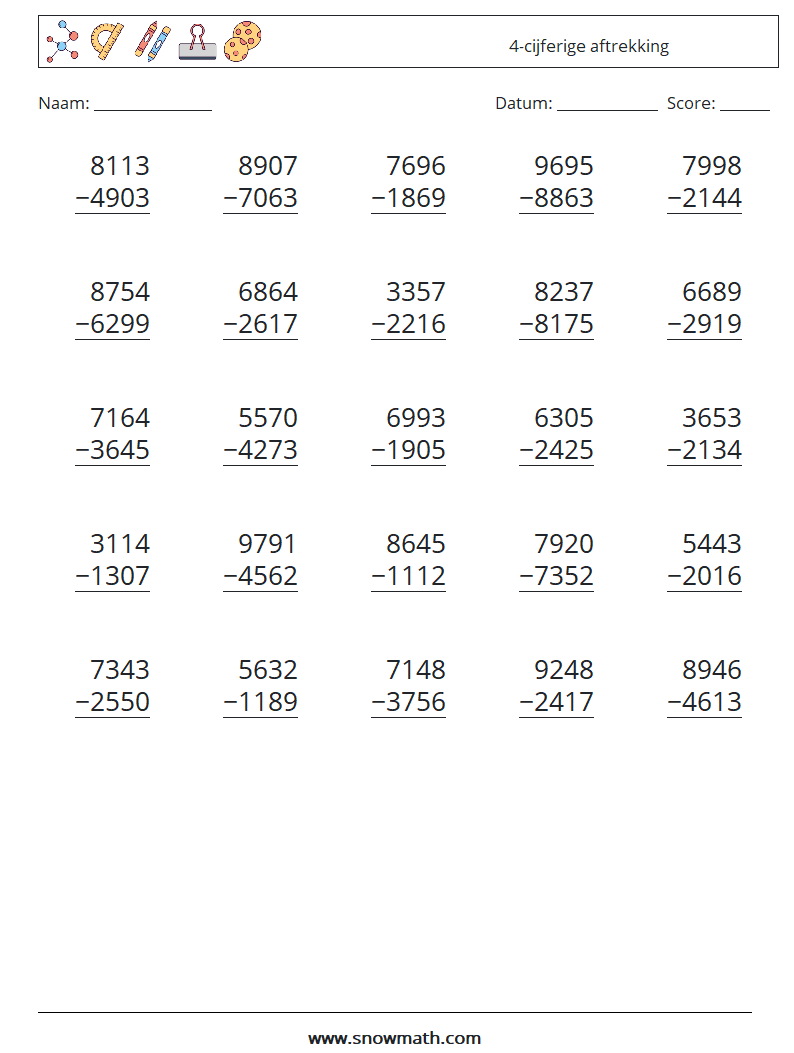 (25) 4-cijferige aftrekking Wiskundige werkbladen 14