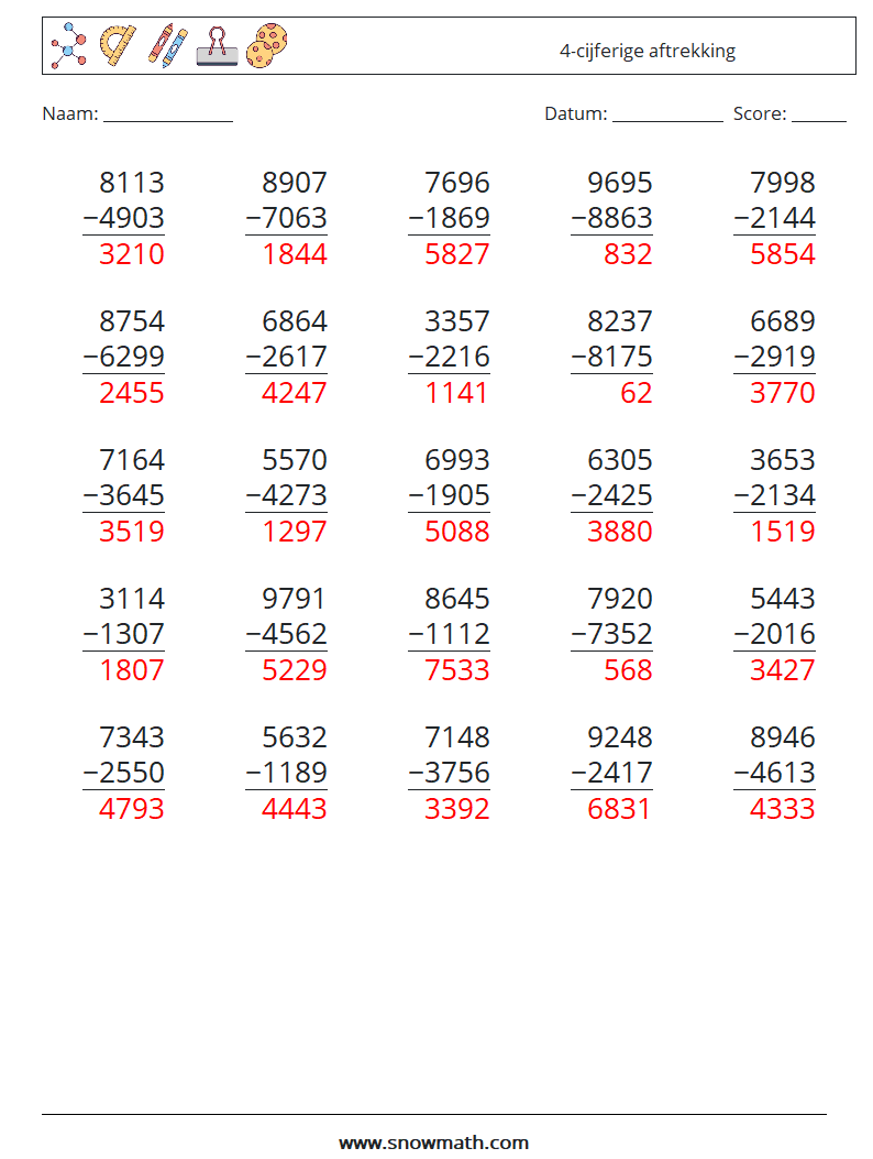 (25) 4-cijferige aftrekking Wiskundige werkbladen 14 Vraag, Antwoord