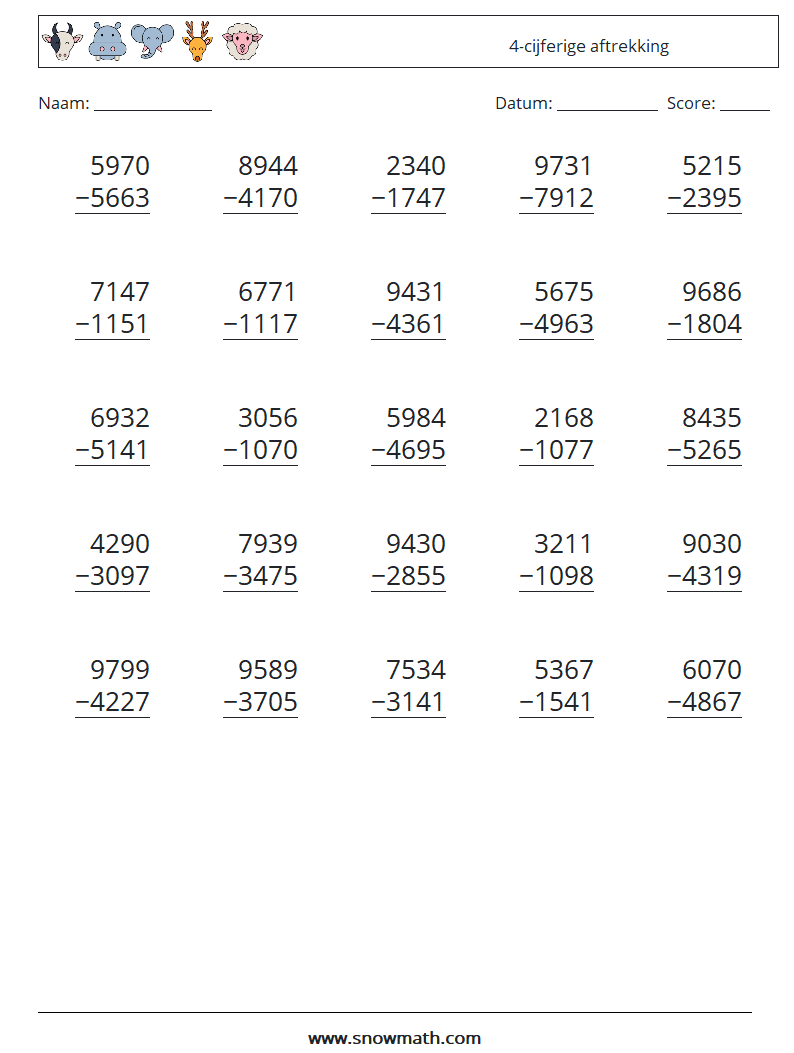 (25) 4-cijferige aftrekking Wiskundige werkbladen 15