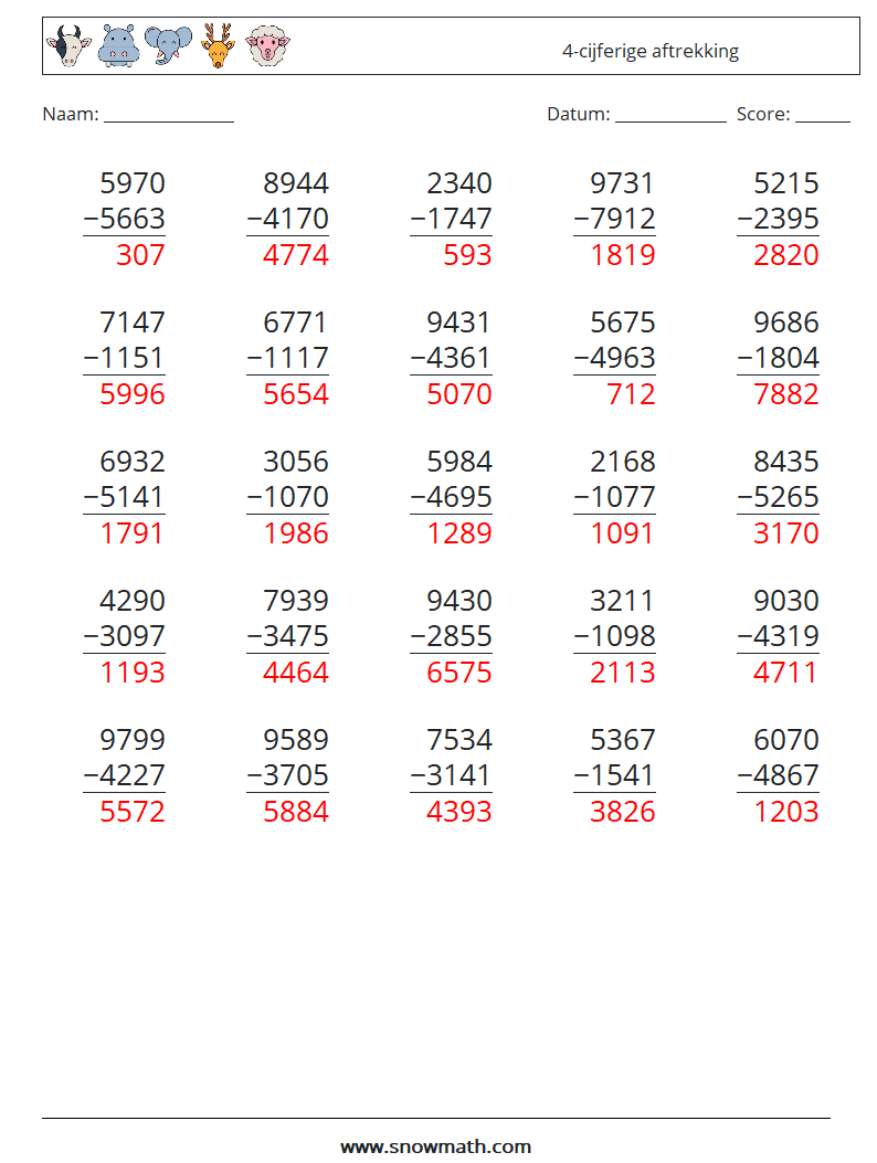 (25) 4-cijferige aftrekking Wiskundige werkbladen 15 Vraag, Antwoord