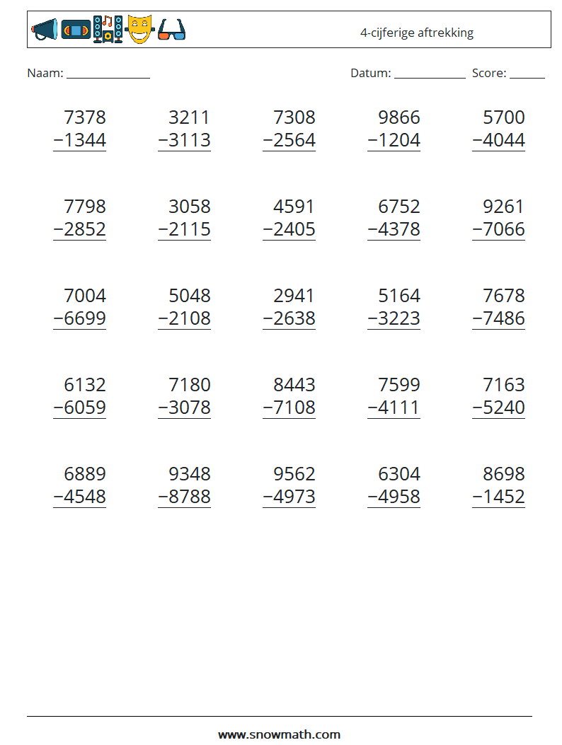 (25) 4-cijferige aftrekking Wiskundige werkbladen 16