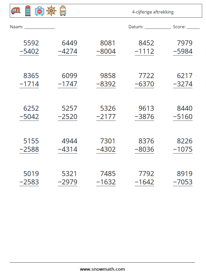 (25) 4-cijferige aftrekking Wiskundige werkbladen 17