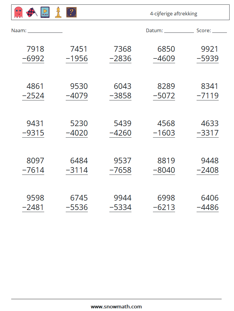 (25) 4-cijferige aftrekking Wiskundige werkbladen 18