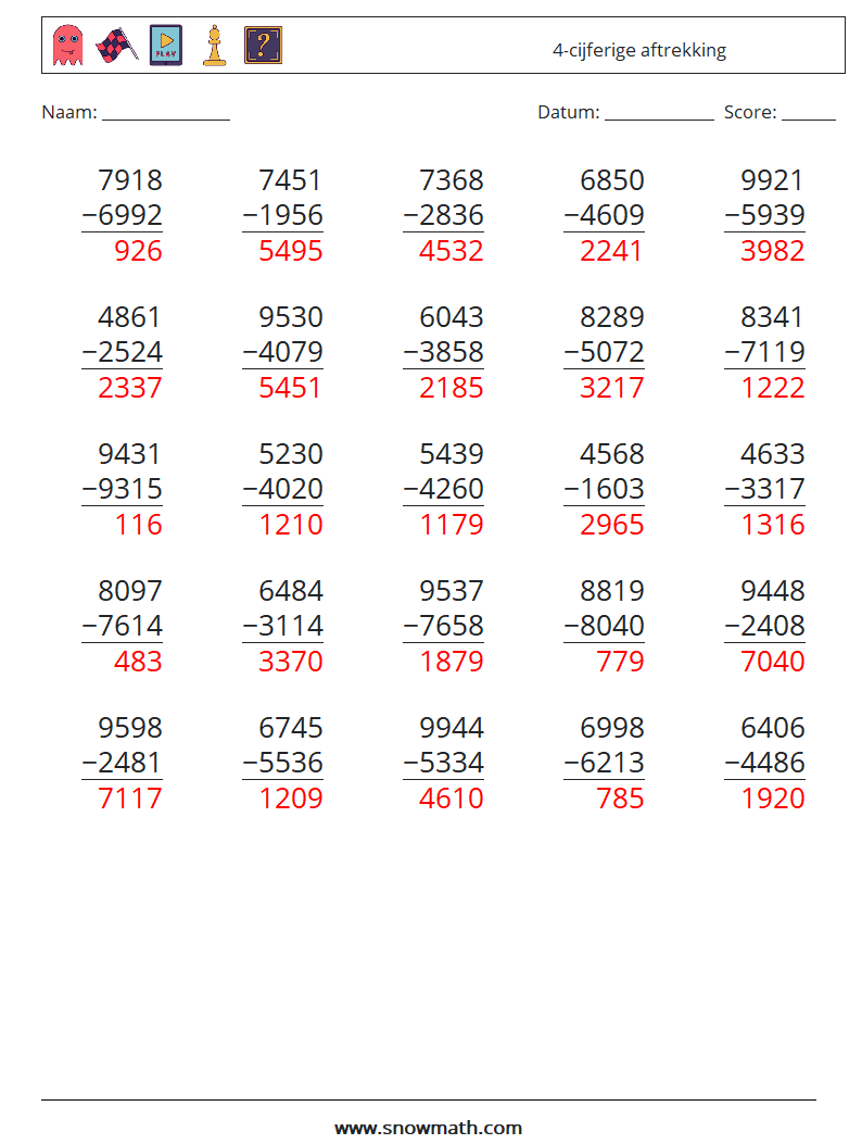 (25) 4-cijferige aftrekking Wiskundige werkbladen 18 Vraag, Antwoord