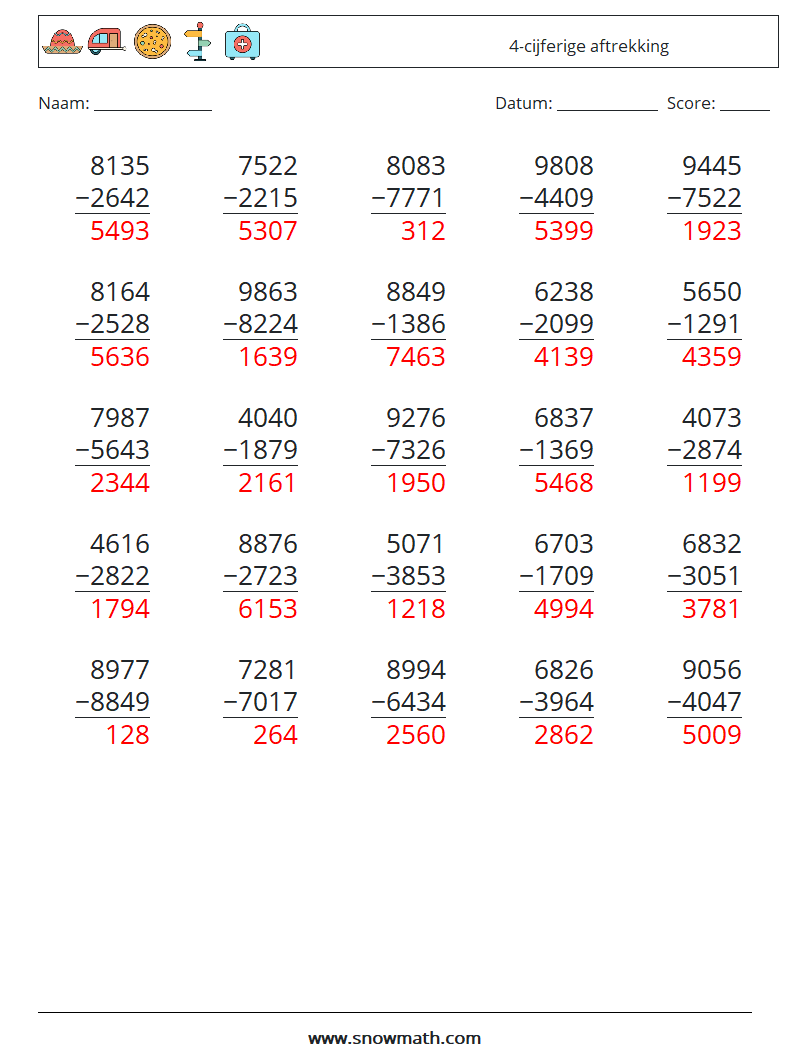 (25) 4-cijferige aftrekking Wiskundige werkbladen 1 Vraag, Antwoord