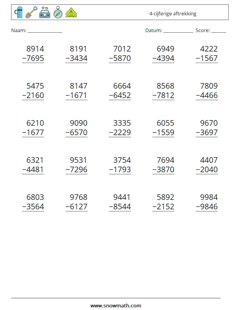 (25) 4-cijferige aftrekking Wiskundige werkbladen 2