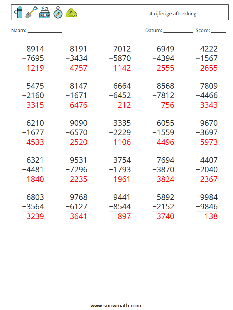 (25) 4-cijferige aftrekking Wiskundige werkbladen 2 Vraag, Antwoord