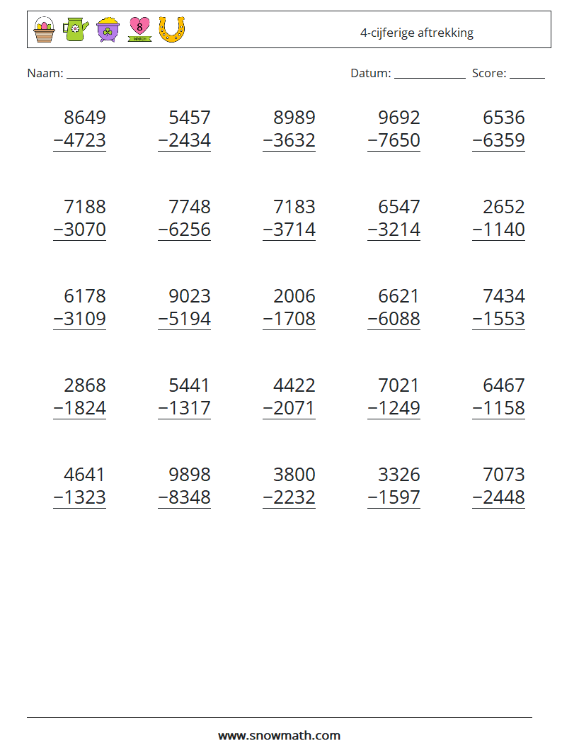 (25) 4-cijferige aftrekking Wiskundige werkbladen 3