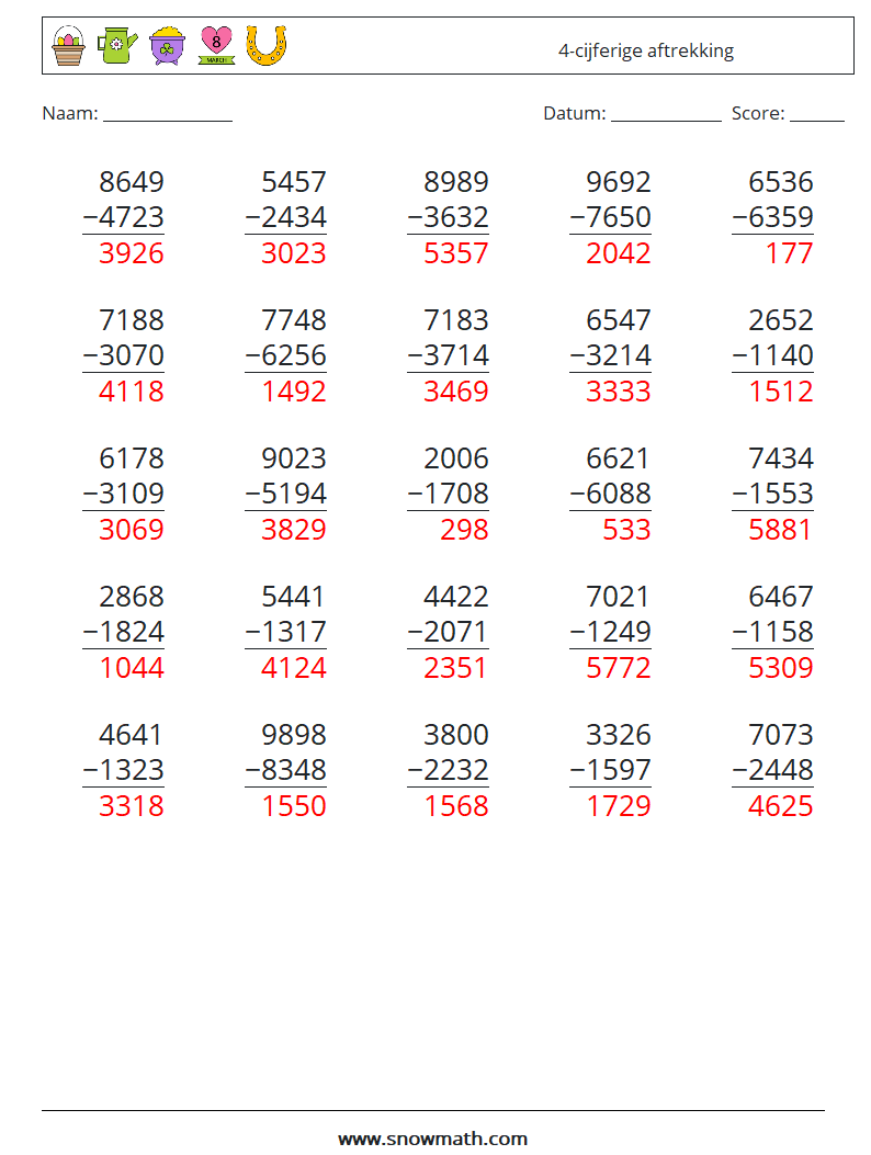 (25) 4-cijferige aftrekking Wiskundige werkbladen 3 Vraag, Antwoord