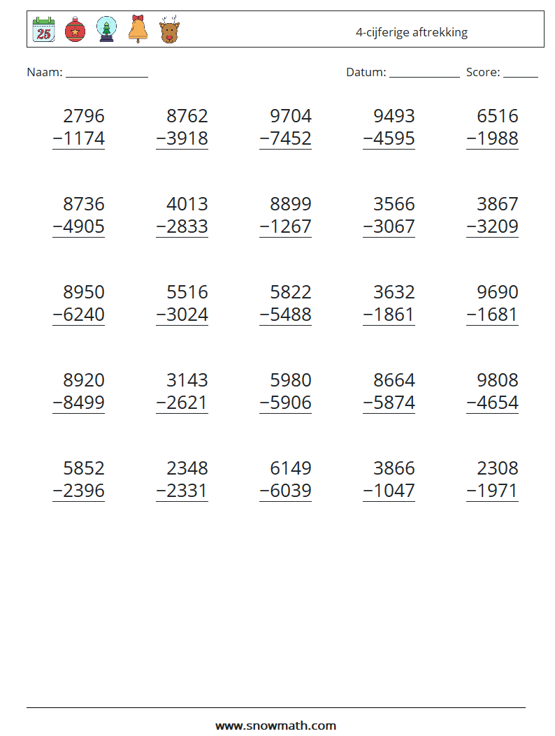 (25) 4-cijferige aftrekking Wiskundige werkbladen 4