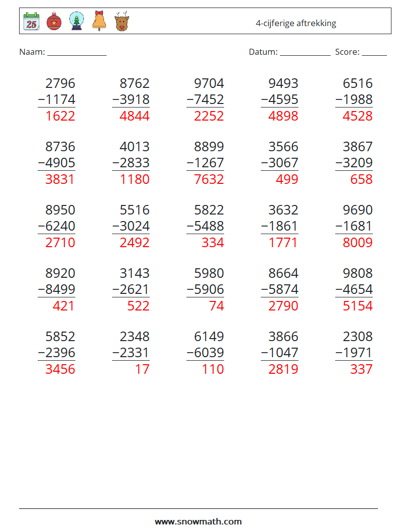 (25) 4-cijferige aftrekking Wiskundige werkbladen 4 Vraag, Antwoord