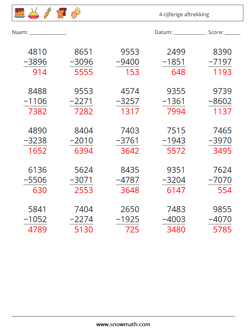 (25) 4-cijferige aftrekking Wiskundige werkbladen 5 Vraag, Antwoord