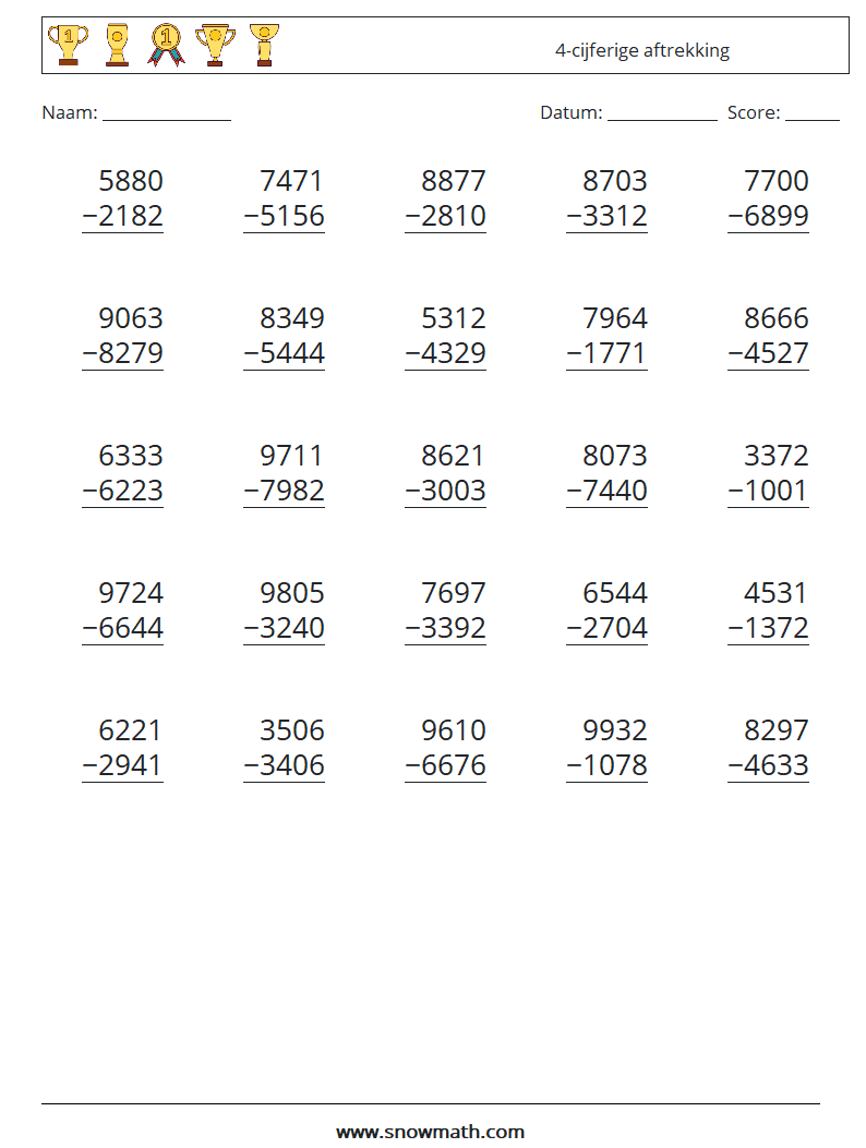 (25) 4-cijferige aftrekking Wiskundige werkbladen 6