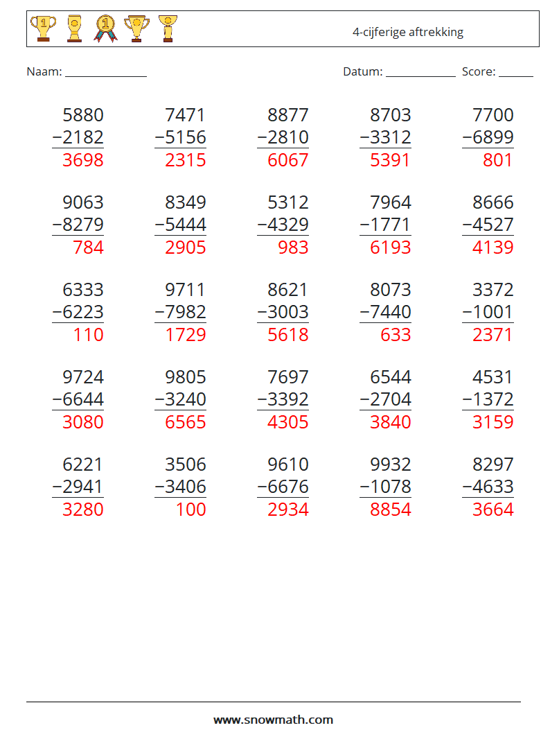 (25) 4-cijferige aftrekking Wiskundige werkbladen 6 Vraag, Antwoord