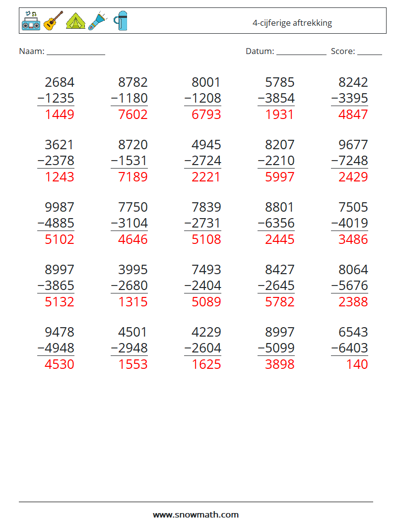 (25) 4-cijferige aftrekking Wiskundige werkbladen 7 Vraag, Antwoord