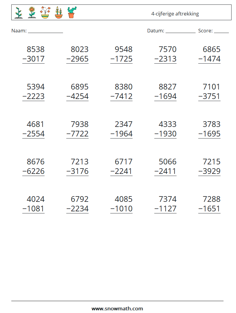 (25) 4-cijferige aftrekking Wiskundige werkbladen 8