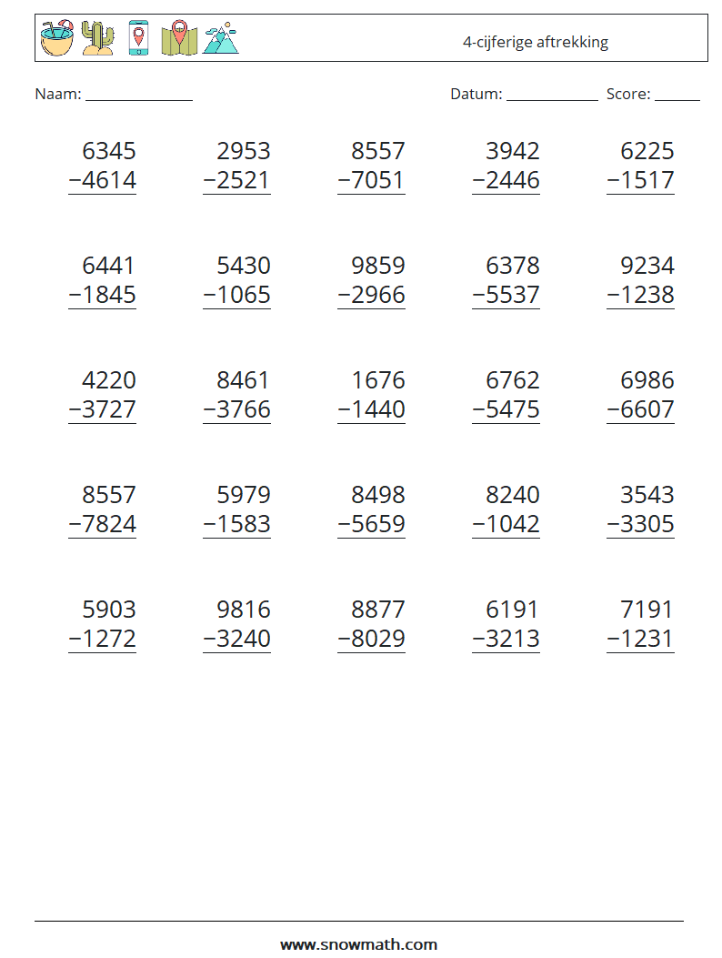 (25) 4-cijferige aftrekking Wiskundige werkbladen 9