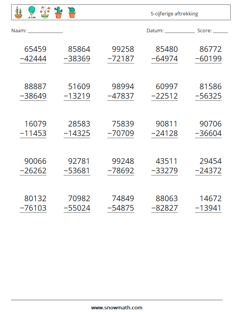 (25) 5-cijferige aftrekking Wiskundige werkbladen 10