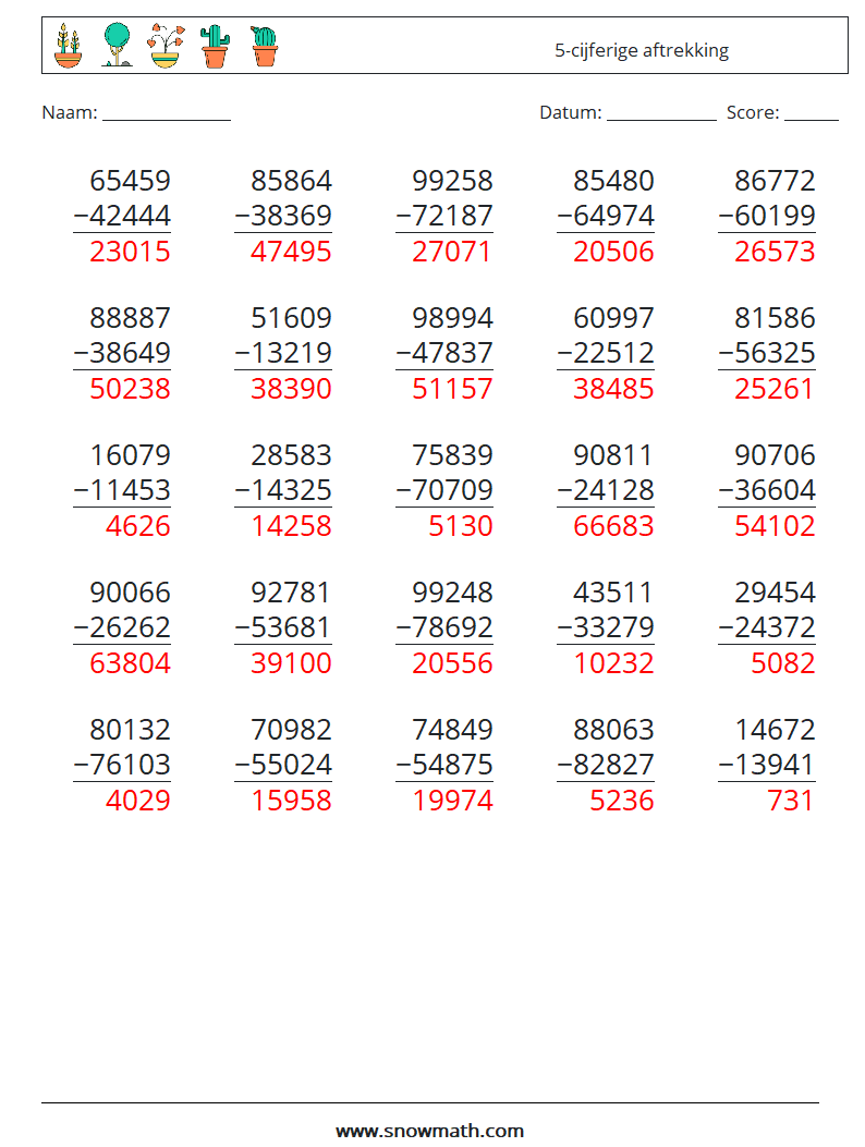 (25) 5-cijferige aftrekking Wiskundige werkbladen 10 Vraag, Antwoord