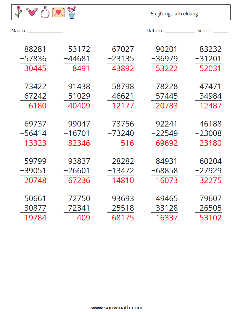 (25) 5-cijferige aftrekking Wiskundige werkbladen 11 Vraag, Antwoord