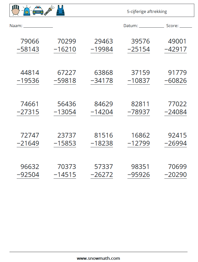 (25) 5-cijferige aftrekking Wiskundige werkbladen 12