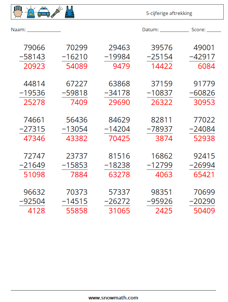 (25) 5-cijferige aftrekking Wiskundige werkbladen 12 Vraag, Antwoord