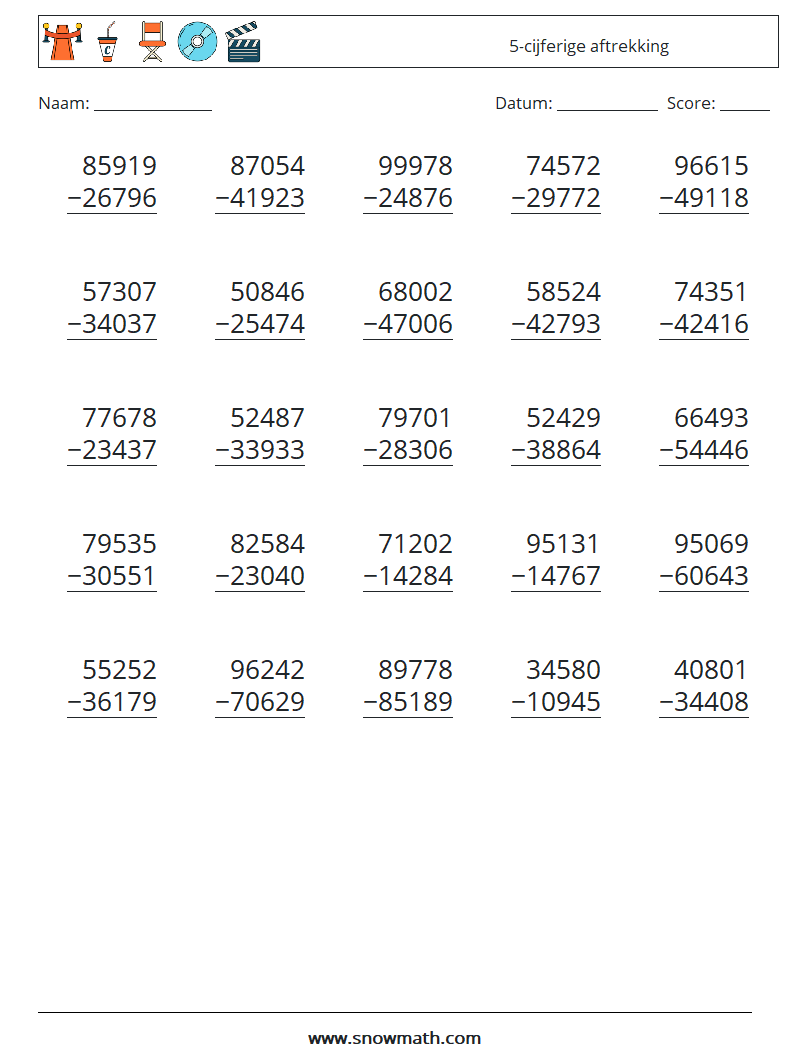 (25) 5-cijferige aftrekking Wiskundige werkbladen 13