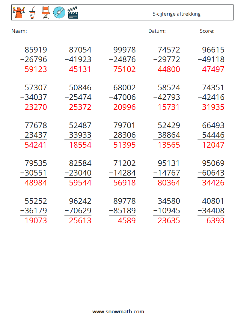 (25) 5-cijferige aftrekking Wiskundige werkbladen 13 Vraag, Antwoord