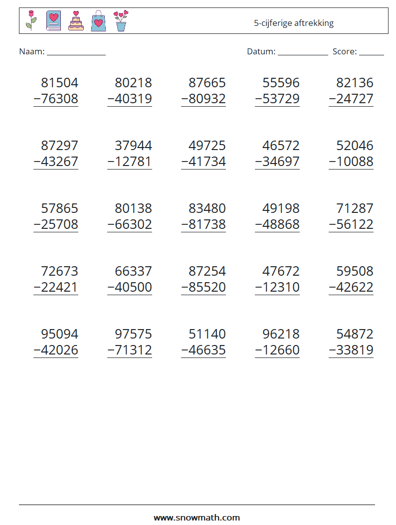 (25) 5-cijferige aftrekking Wiskundige werkbladen 14