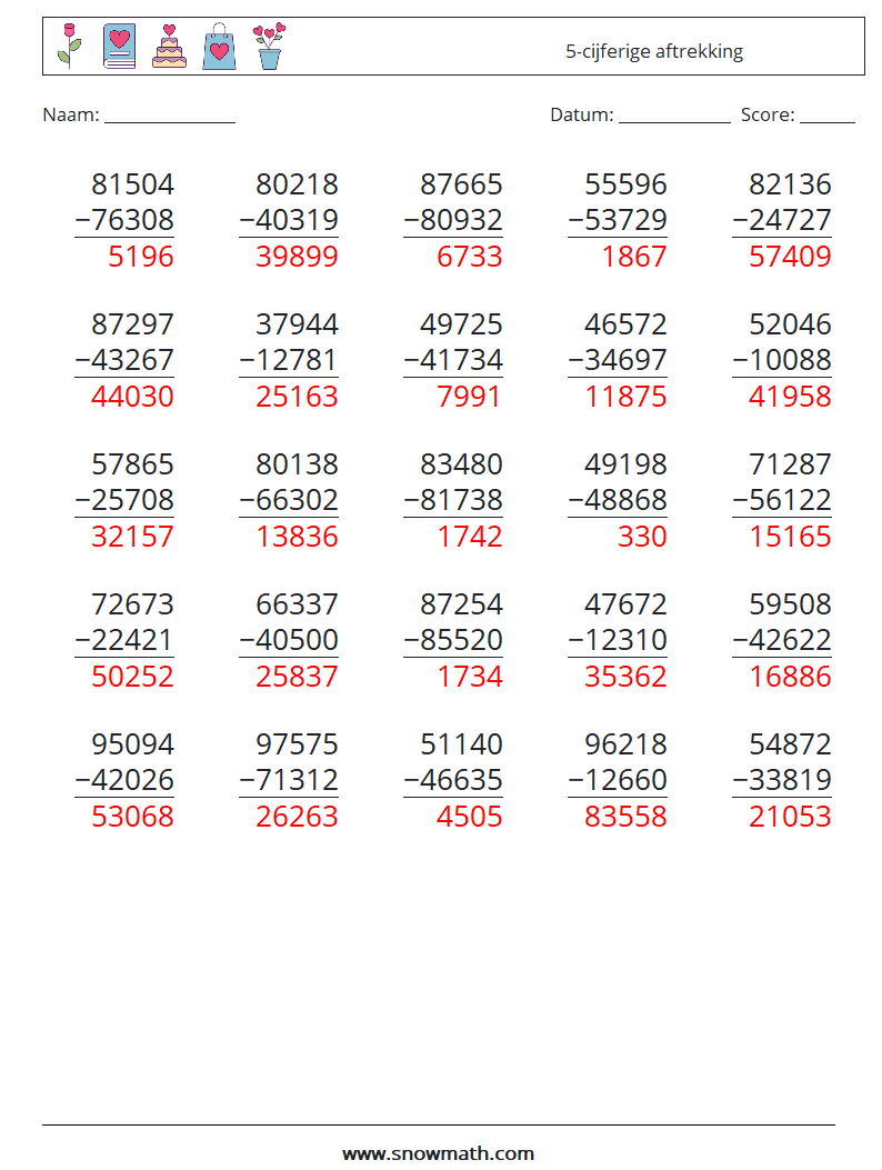 (25) 5-cijferige aftrekking Wiskundige werkbladen 14 Vraag, Antwoord