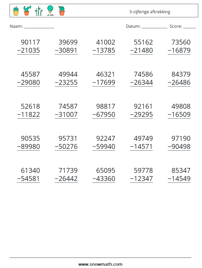 (25) 5-cijferige aftrekking Wiskundige werkbladen 15