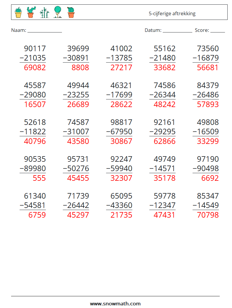 (25) 5-cijferige aftrekking Wiskundige werkbladen 15 Vraag, Antwoord