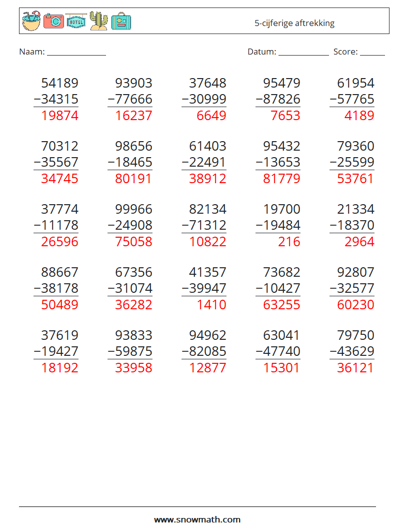 (25) 5-cijferige aftrekking Wiskundige werkbladen 16 Vraag, Antwoord
