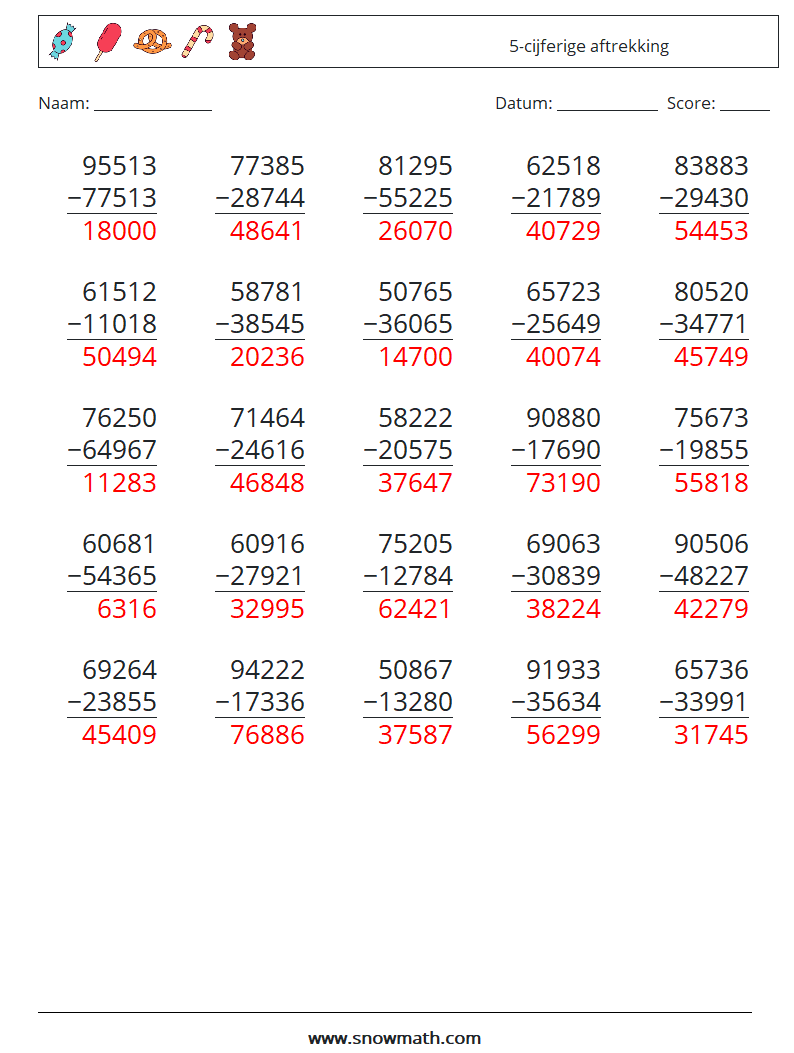 (25) 5-cijferige aftrekking Wiskundige werkbladen 17 Vraag, Antwoord