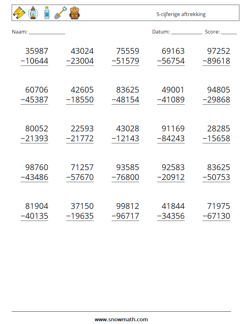 (25) 5-cijferige aftrekking Wiskundige werkbladen 18