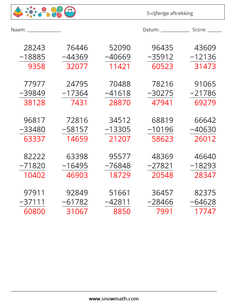 (25) 5-cijferige aftrekking Wiskundige werkbladen 1 Vraag, Antwoord