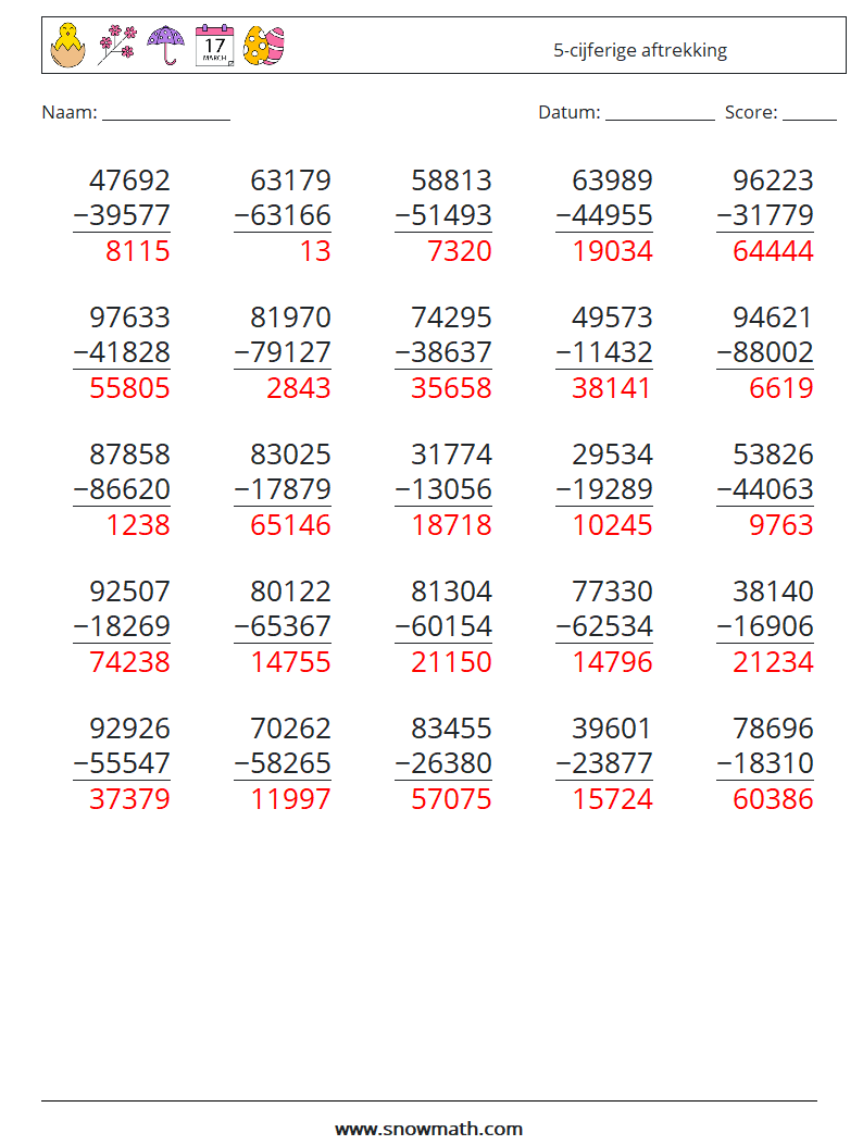 (25) 5-cijferige aftrekking Wiskundige werkbladen 2 Vraag, Antwoord