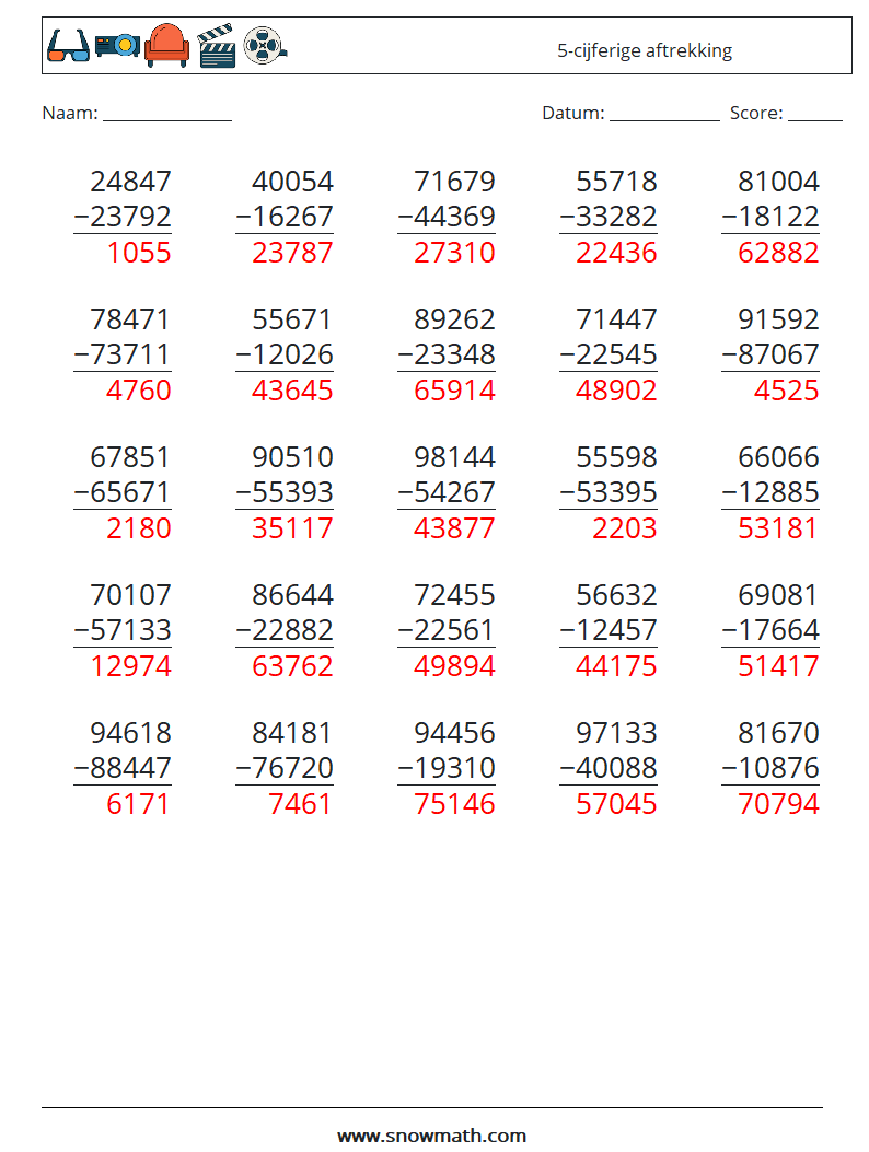 (25) 5-cijferige aftrekking Wiskundige werkbladen 3 Vraag, Antwoord