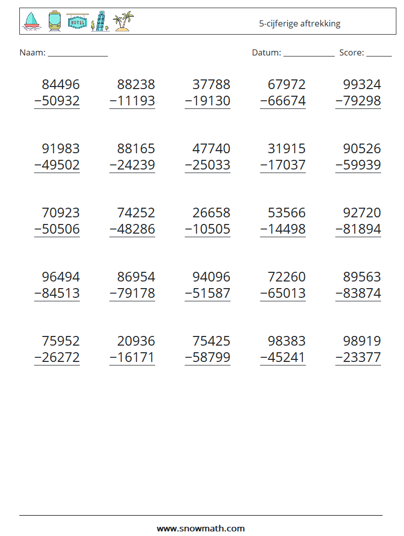 (25) 5-cijferige aftrekking Wiskundige werkbladen 4
