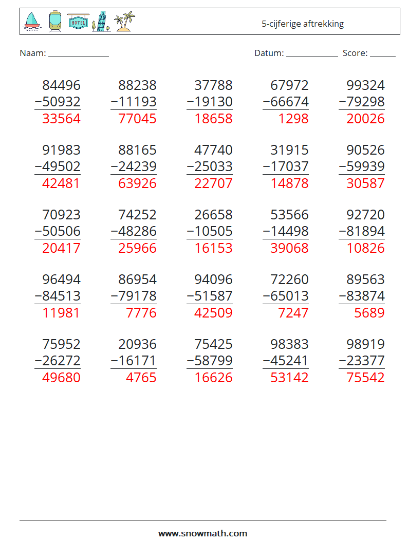 (25) 5-cijferige aftrekking Wiskundige werkbladen 4 Vraag, Antwoord