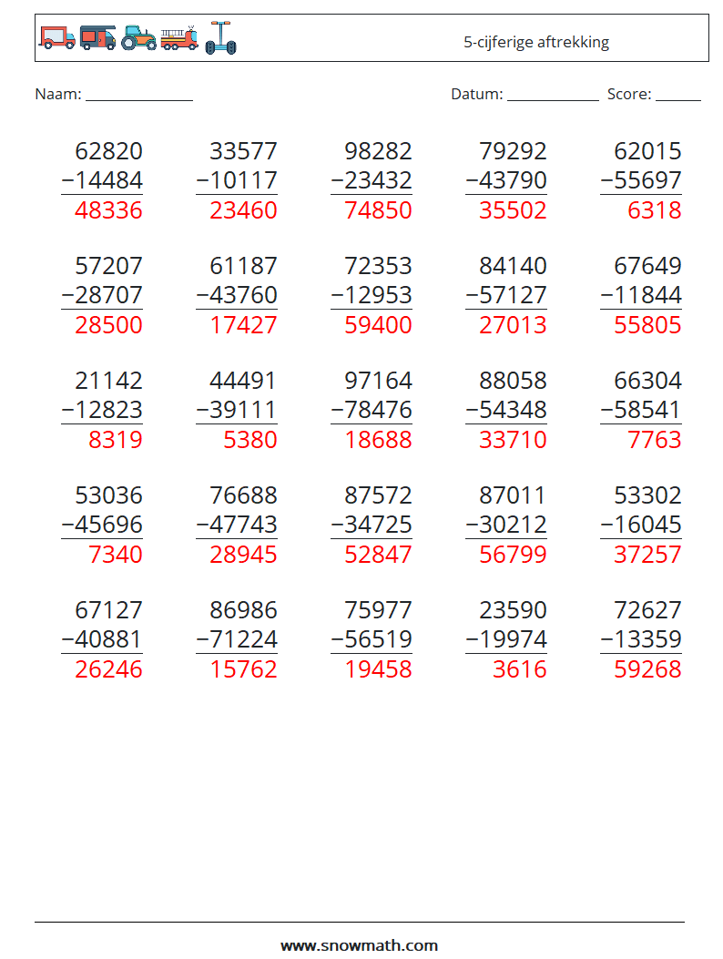 (25) 5-cijferige aftrekking Wiskundige werkbladen 5 Vraag, Antwoord