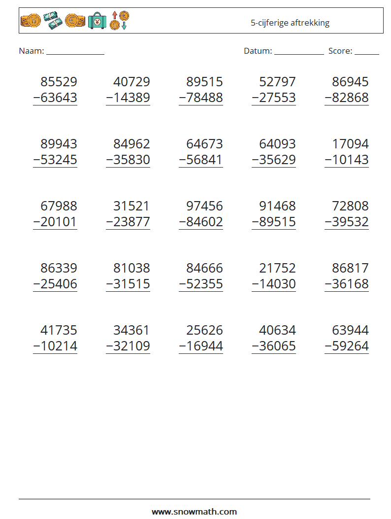 (25) 5-cijferige aftrekking Wiskundige werkbladen 6