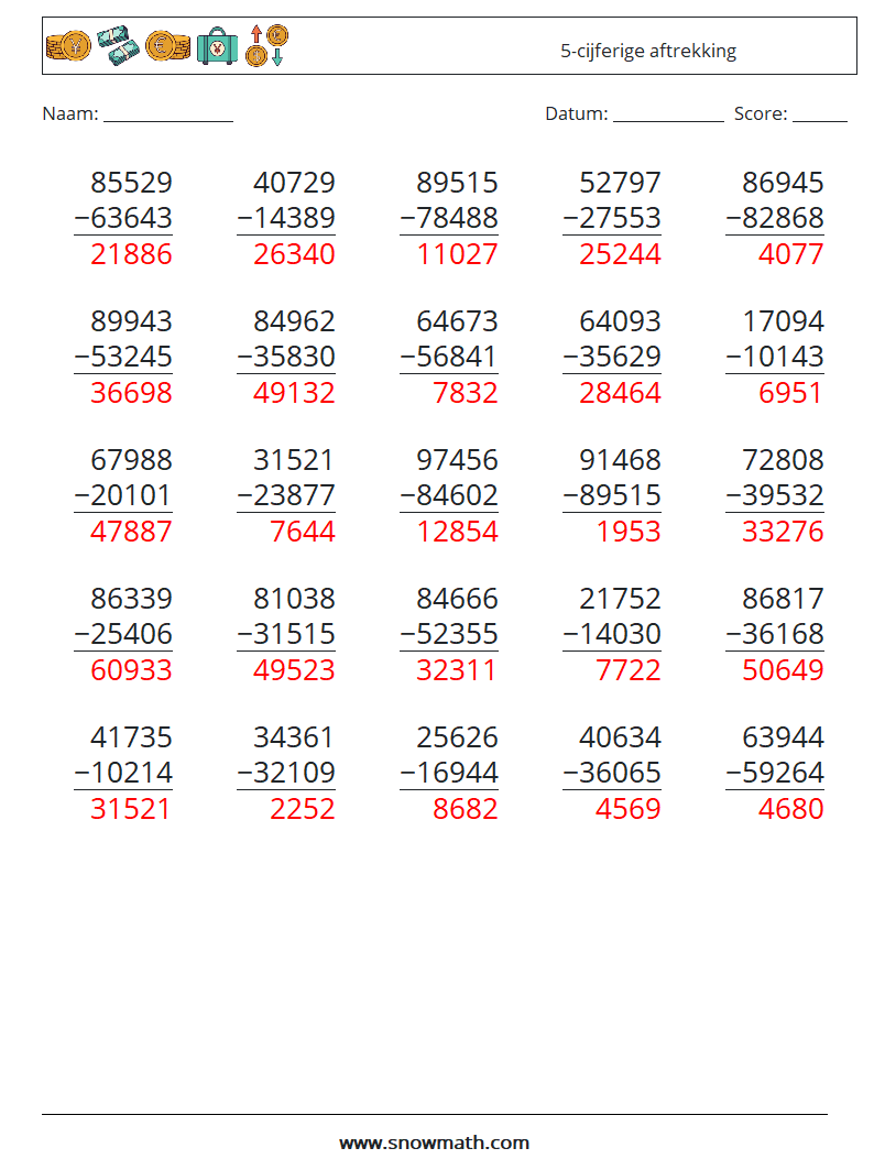 (25) 5-cijferige aftrekking Wiskundige werkbladen 6 Vraag, Antwoord